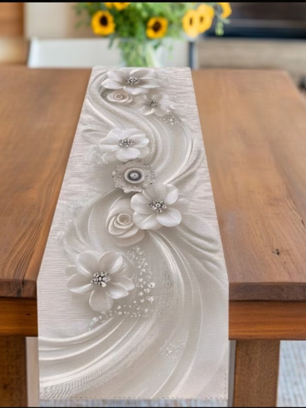 Elegant Ivory Floral Table Runner – Embossed Petal Design